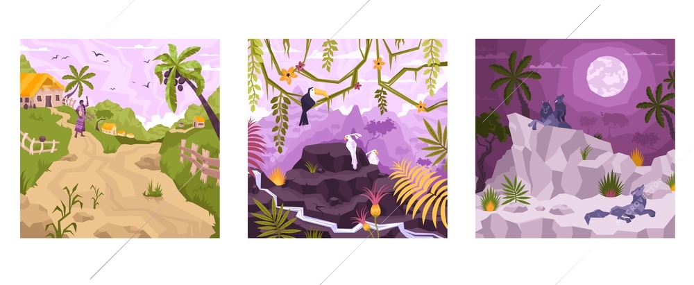 Landscape set of square compositions with flat sceneries tropical village and rainforest with cliffs and moon vector illustration