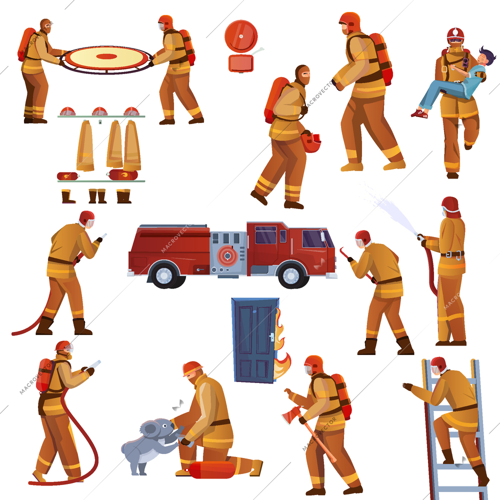 Firefighters set with flat isolated icons of fire fighting equipment with truck image and human characters vector illustration