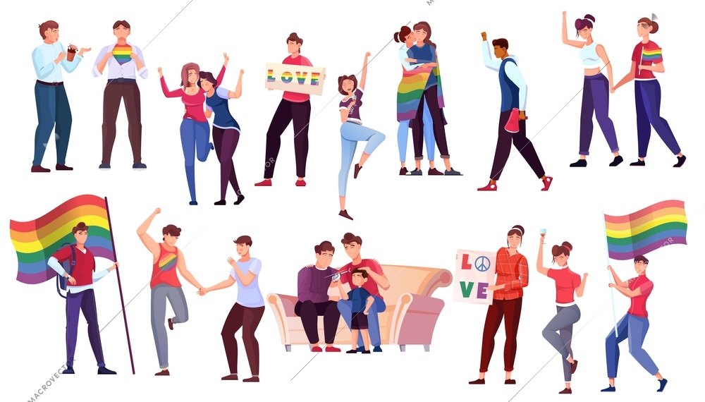 Lgbt people flat set of adult characters at home and participating in pride parade outdoors isolated vector illustration