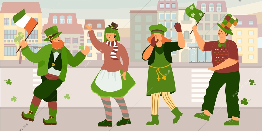 Patrick day street composition with view of irish town street with group of festive human characters vector illustration