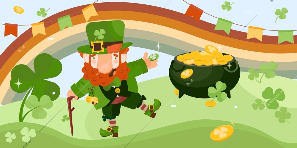 Patrick day leprechaun horizontal composition with green hills landscape rainbow clover leaves and dancing leprechaun character vector illustration