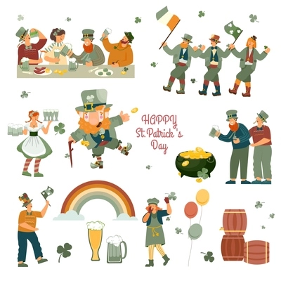 Patrick day set with flat isolated icons drawn style images of irish holiday essentials with people vector illustration