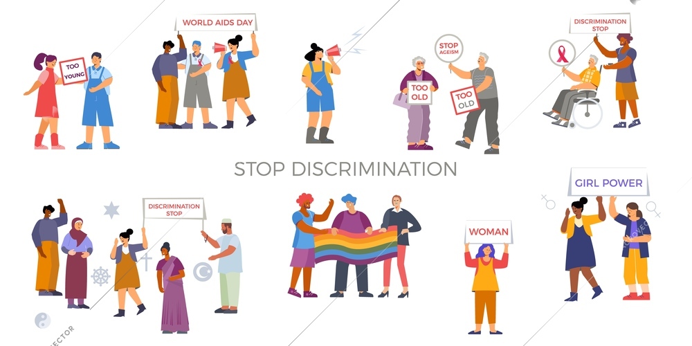 Discrimination set with flat icons and human characters of activists holding placards and shouting text slogans vector illustration