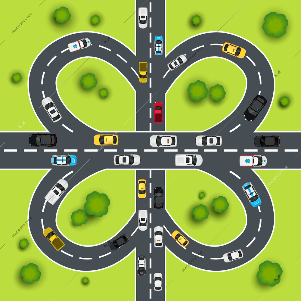 Highway traffic cloverleaf intersection top view background vector illustration