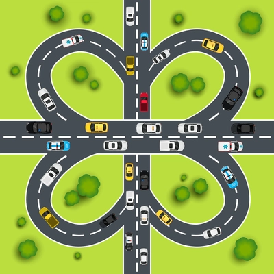 Highway traffic cloverleaf intersection top view background vector illustration