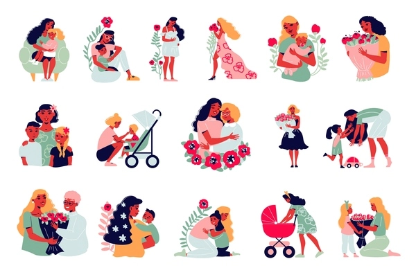 Mothers day set with isolated human characters of mothers with children and flowers baby stroller icons vector illustration
