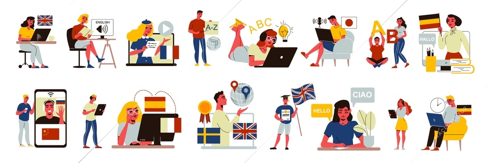 Language course center education set of isolated icons with students and tutors with gadgets and flags vector illustration