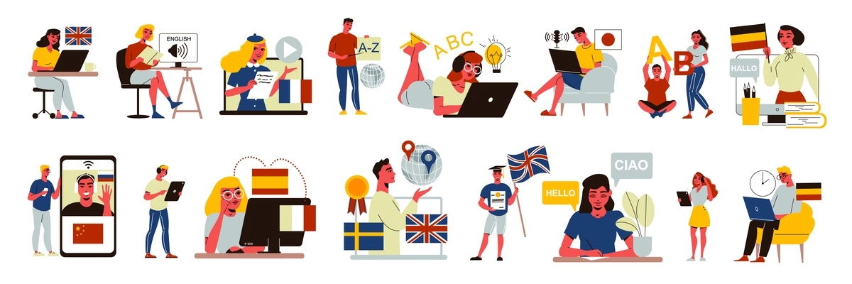 Language course center education set of isolated icons with students and tutors with gadgets and flags vector illustration