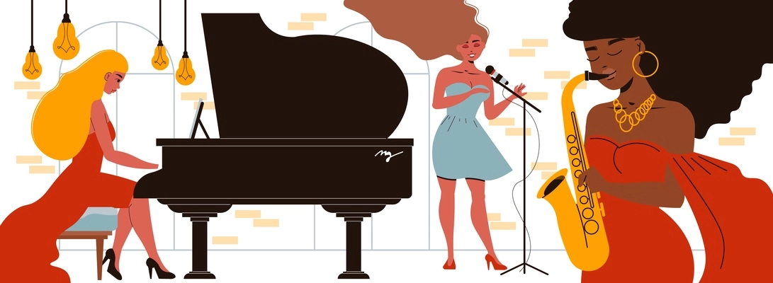 Musicians composition with indoor music club scenery and female characters singing playing grand piano and saxophone vector illustration