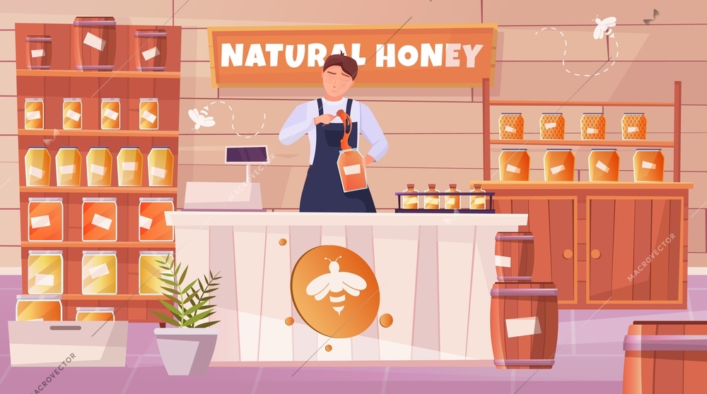 Honey shop flat horizontal composition with  salesman standing behind counter pouring honey into jar vector illustration