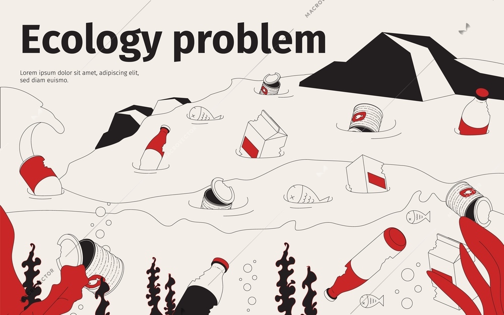 Ecology problem concept with water polluted with garbage vector illustration