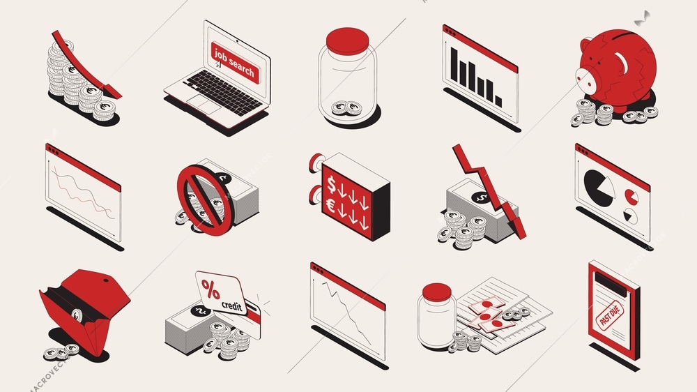 Economic crisis isometric icons set isolated vector illustration