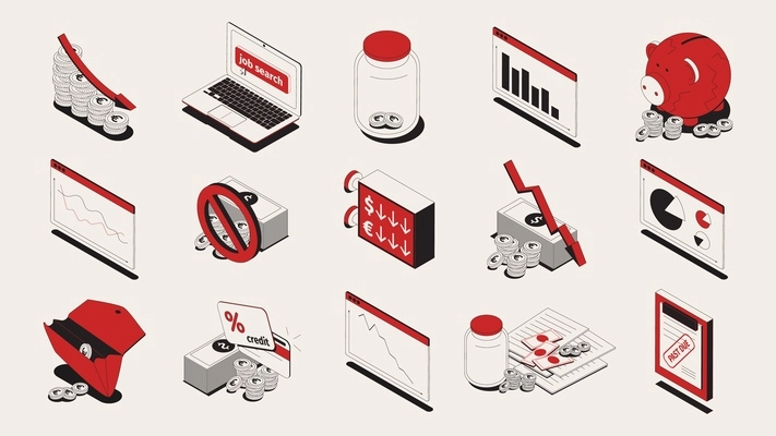 Economic crisis isometric icons set isolated vector illustration