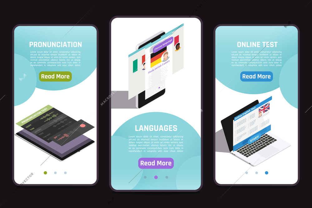 Learning foreign language 3 isometric mobile screens set with online test personal tutor pronunciation mastering vector illustration