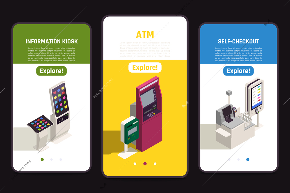 Interfaces banners set with digital information board self checkout counter and atm 3d isometric isolated vector illustration