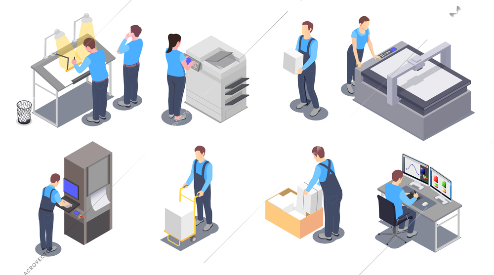 Set with printing house isometric icons with human characters of workers with printing equipment and paper vector illustration