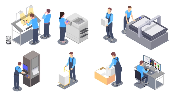 Set with printing house isometric icons with human characters of workers with printing equipment and paper vector illustration