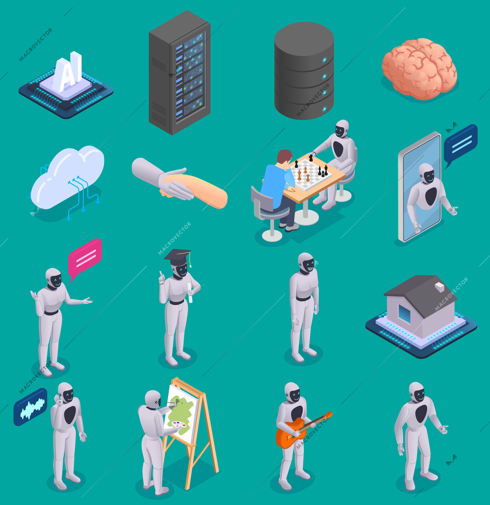 Set with artificial intelligence icons with isometric characters of robots making art and server infrastructure elements vector illustration