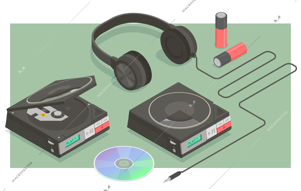 Retro devices isometric set with walkman and music disc isolated vector illustration