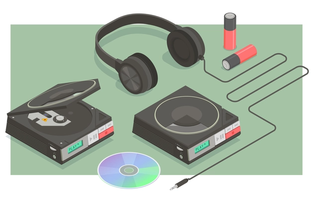 Retro devices isometric set with walkman and music disc isolated vector illustration