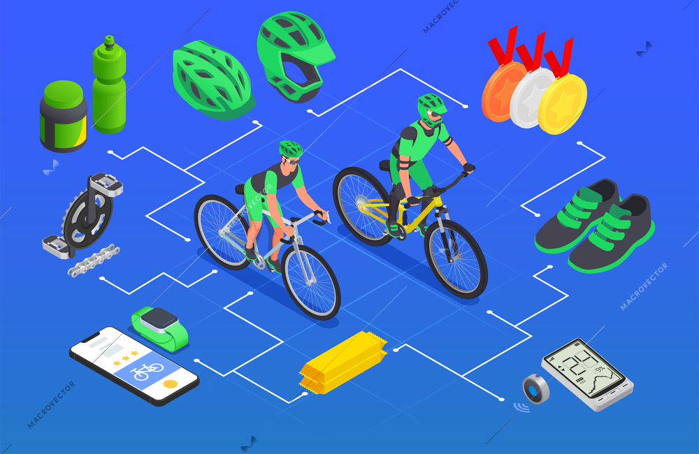 Sport cycling isometric composition with flowchart of bike riders equipment with smartphone trackers and award medals vector illustration