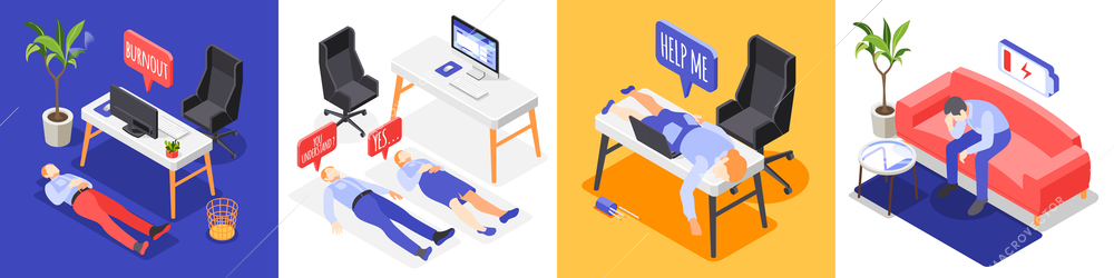 Burn-out syndrome isometric icons 4x1 design concept with characters of tired and distracted office workers vector illustration