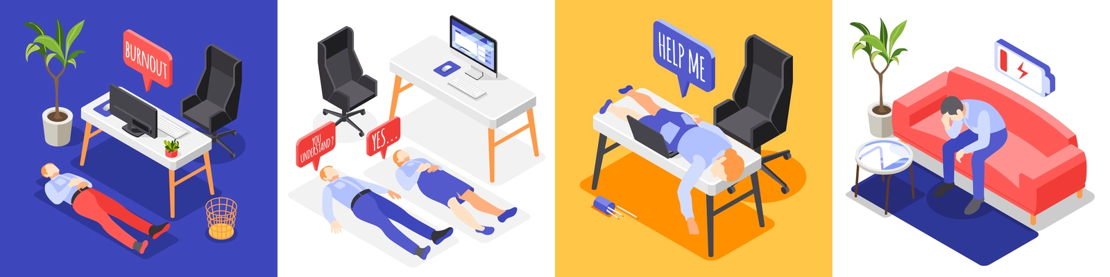 Burn-out syndrome isometric icons 4x1 design concept with characters of tired and distracted office workers vector illustration