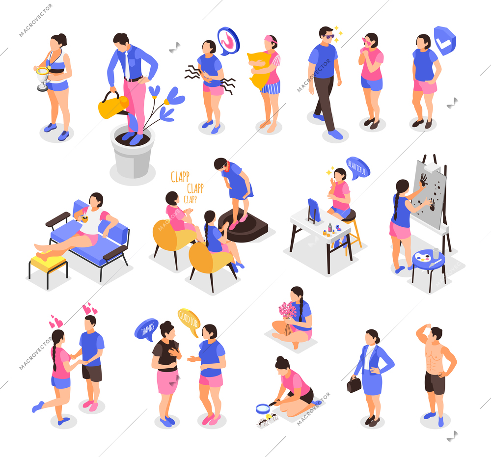 Human needs set of isometric icons with isolated human characters of people in various life situations vector illustration