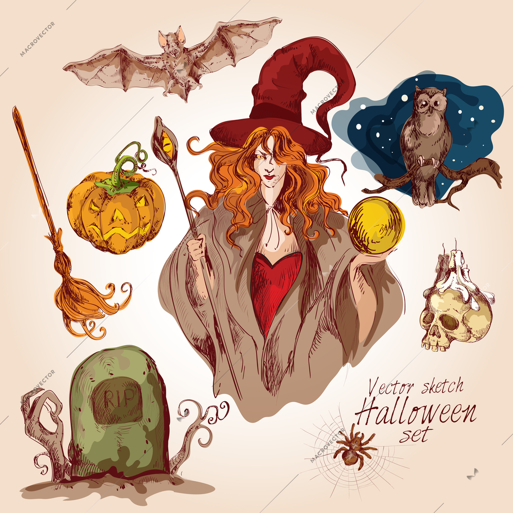Halloween autumn holiday celebration colored sketch decorative elements set isolated vector illustration