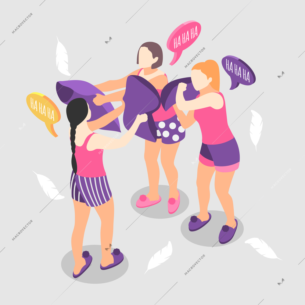 Pajama party isometric concept with girls with pillows laughing vector illustration