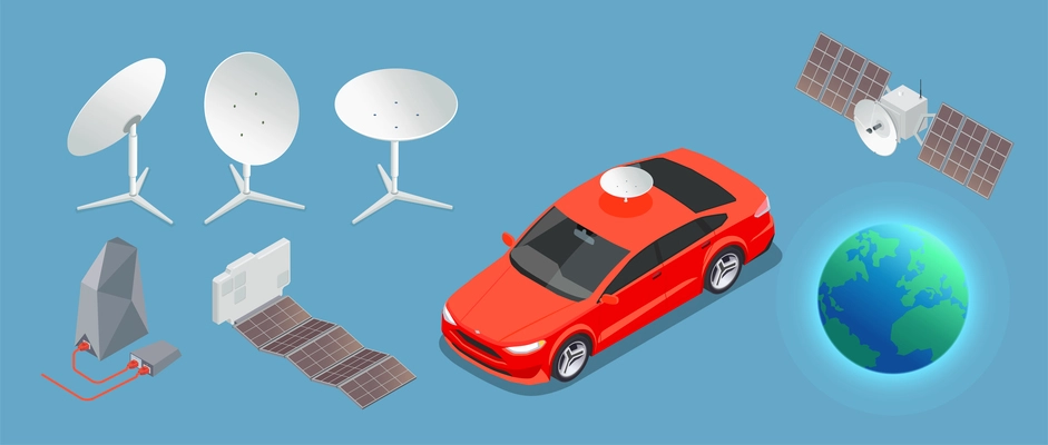 5g high speed internet isometric set with isolated icons of satellite dishes and remotely controlled car vector illustration