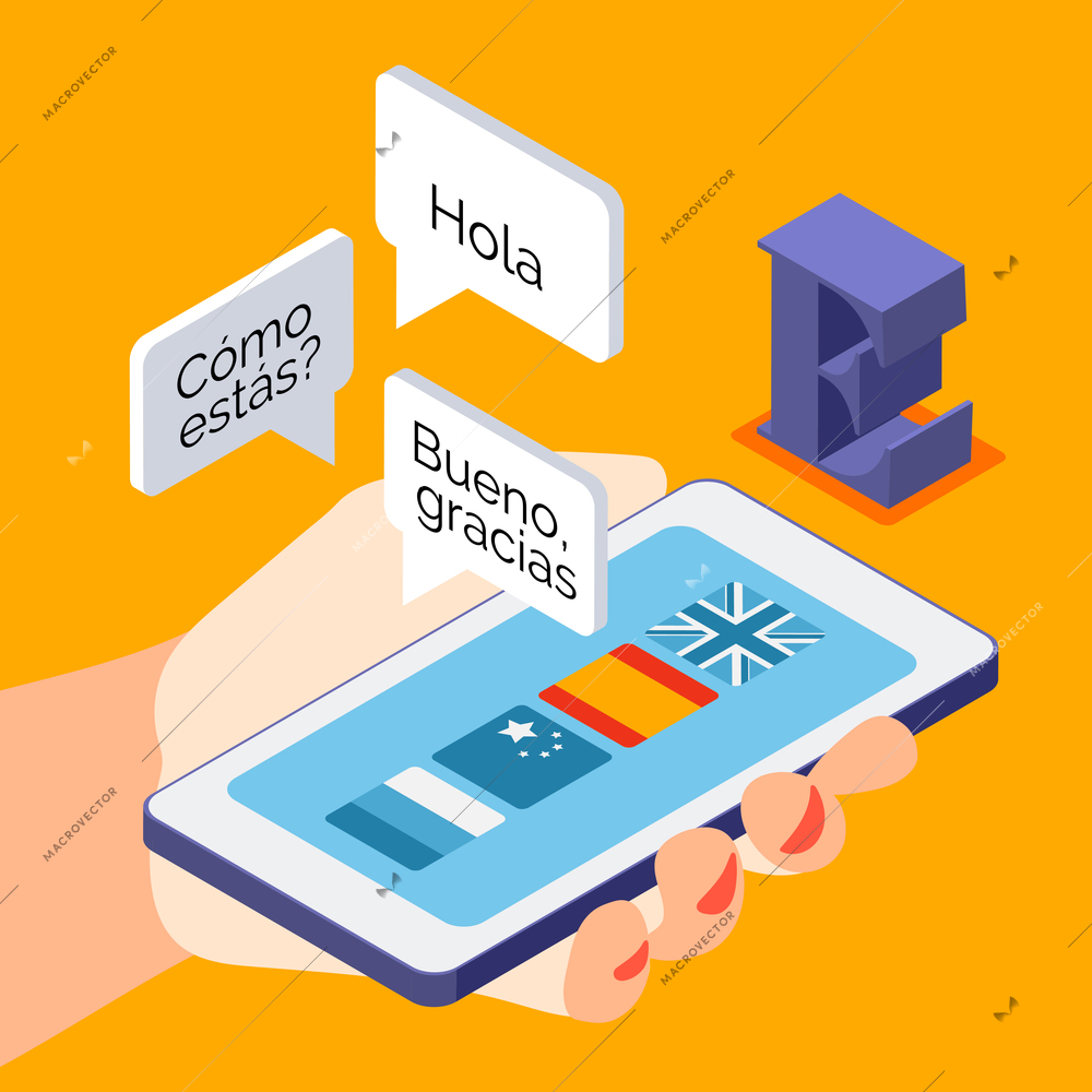 Language courses isometric background composition with learning spanish real life conversation online hand holding smartphone vector illustration