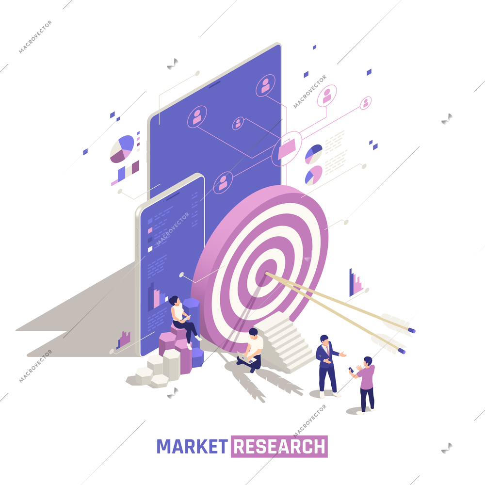 Market research isometric design concept with arrows in the center of big target and user account profiles network communication vector illustration