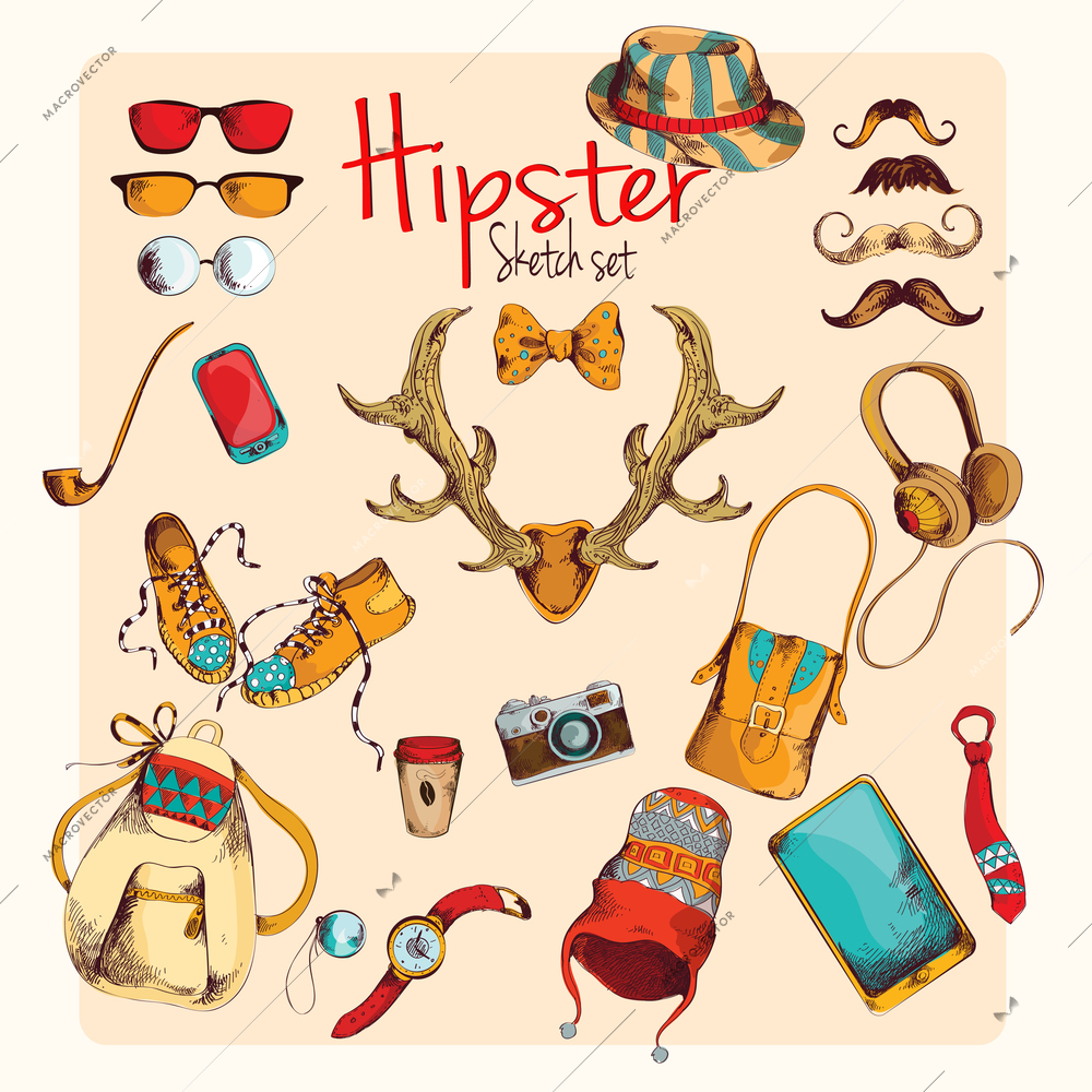 Hipster character pack sketch decorative icons colored set with horns gumshoes cap isolated vector illustration