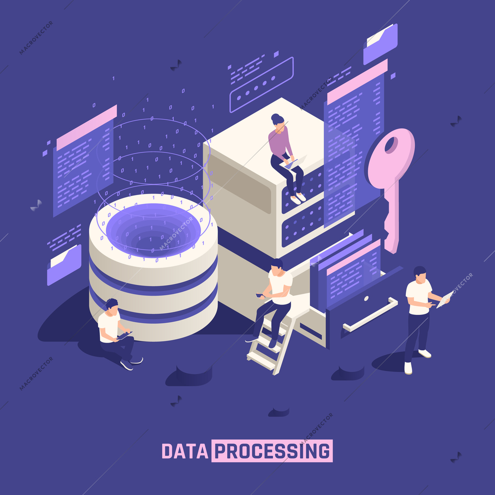 Data processing poster with server data storage hardware access key to big data isometric icons vector illustration