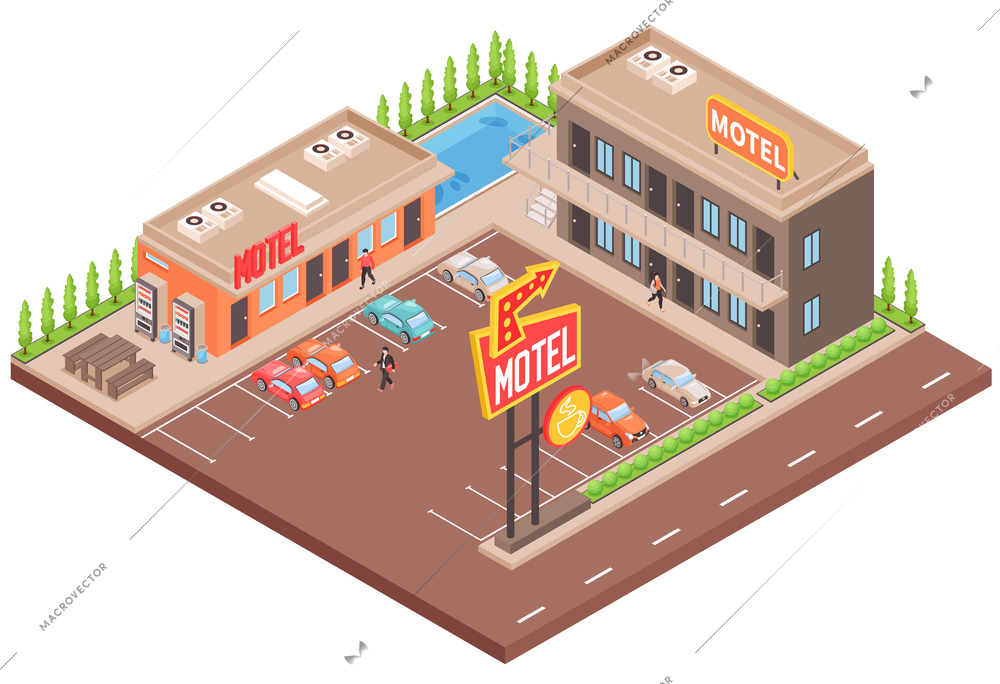 Motel color concept with parking and swimming pool isometric vector illustration