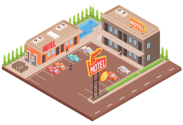 Motel color concept with parking and swimming pool isometric vector illustration