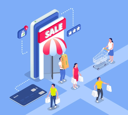 Online sale outlet isometric composition with smartphone storefront and characters of shopping people with bought items vector illustration