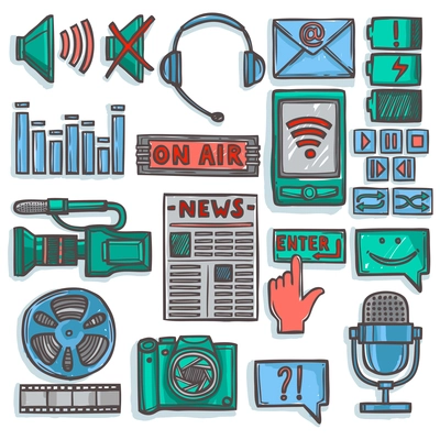 Media network communication technology advertising color sketch icons set isolated vector illustration