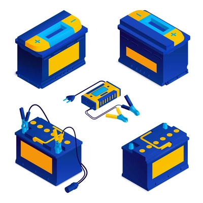 Emergency power jump starter clip connection wire kit clamps blue car battery isometric set isolated vector illustration