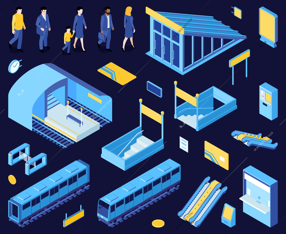 Subway station entry ticket gate staircases escalators coach underground railway people isometric set dark background vector illustration