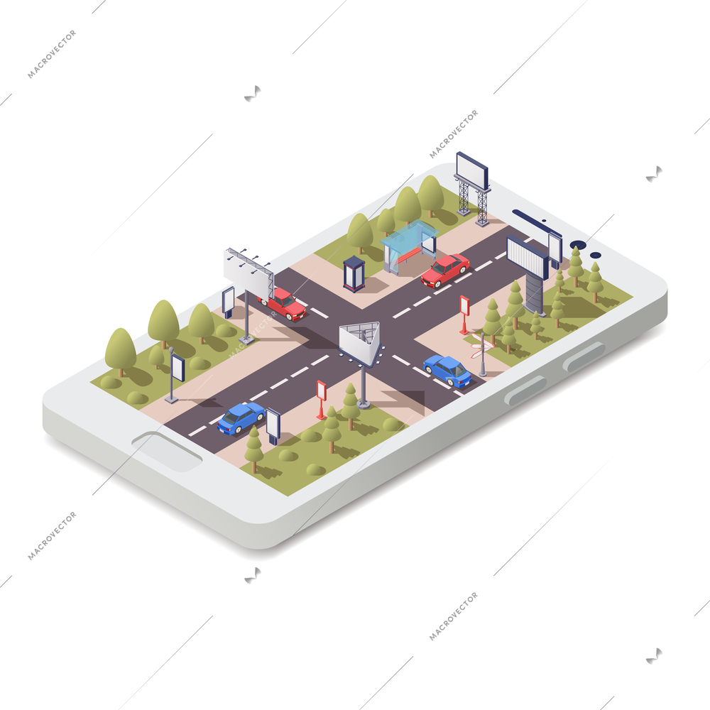 Isometric concept with 3d smartphone and advertising constructions in city streets vector illustration