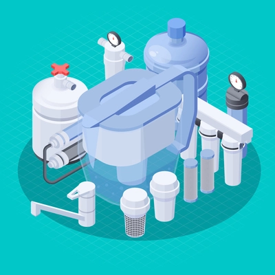 Modern water filtration system with faucet jug bottle 3d composition isometric vector illustration