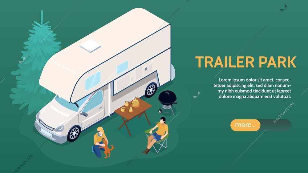 Colored isometric trailer park horizontal banner with big headline and more button vector illustration