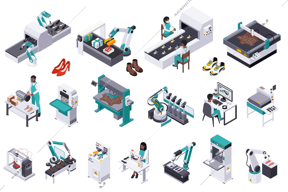 Footwear shoes production isometric composition with isolated icons of plant facilities with workers and ready products vector illustration