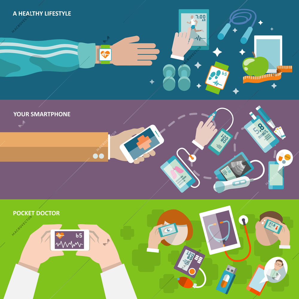 Digital health healthy lifestyle smartphone pocket doctor banner set isolated vector illustration