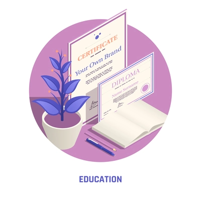 Self promotion personal branding strategies education circular isometric composition with marketing degree official certificate diploma vector illustration