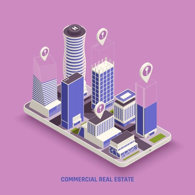 Commercial real estate property buildings complex on mobile screen with location marker symbol isometric background vector illustration