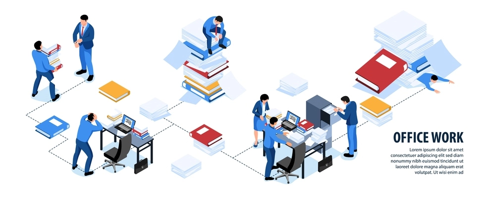 Disorganized office work problems isometric infographic flowchart with messy desks fellow colleagues on folders piles vector illustration