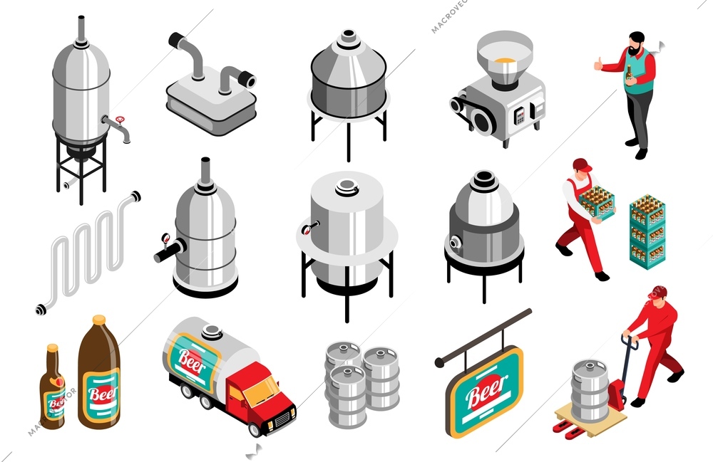 Brewhouse brewery equipment production workers isometric set with mill gridder fermenters beer growlers crates isolated vector illustration